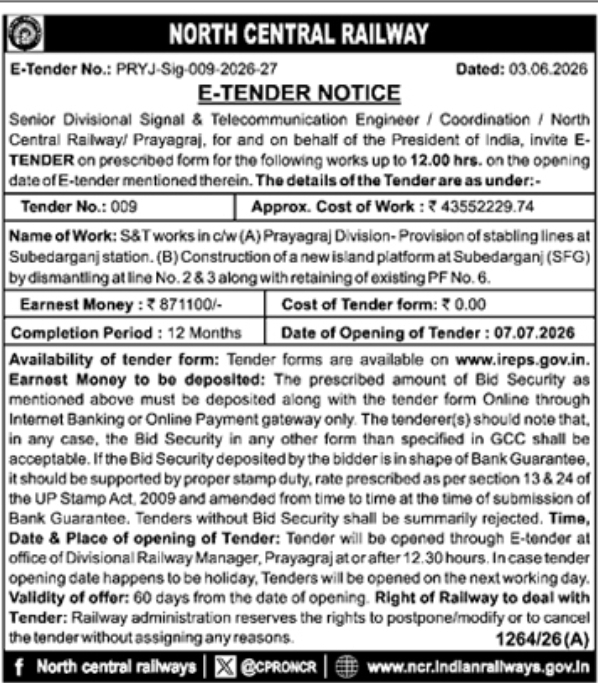 NCR Prayagraj: S&T and Subedarganj Station Upgradation E-Tender