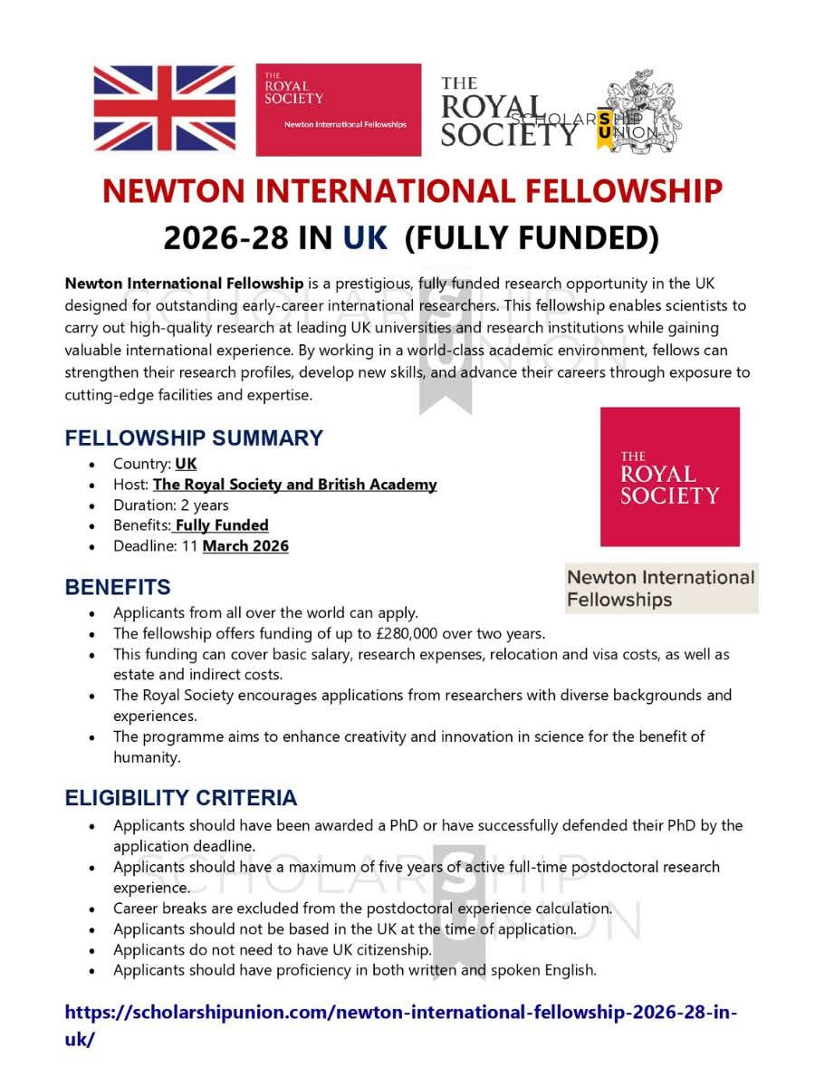 NEWTON INTERNATIONAL FELLOWSHIP 2026-28 IN UK | FULLY Funded