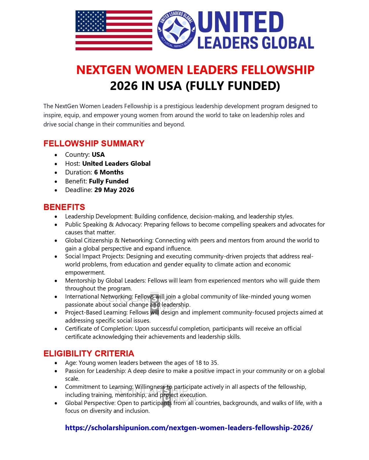 NextGen Women Leaders Fellowship 2026 in USA