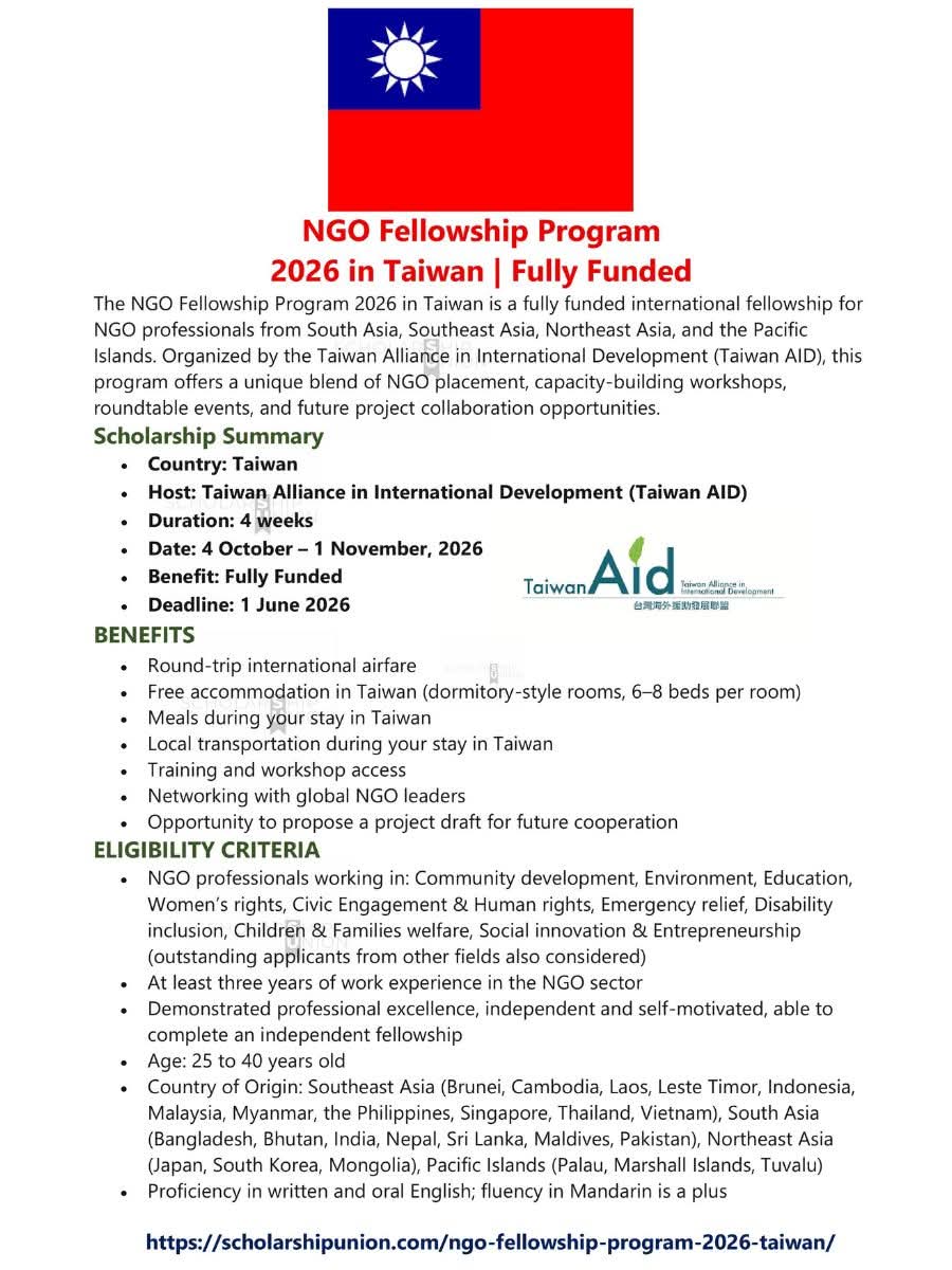 NGO Fellowship Program 2026 in Taiwan