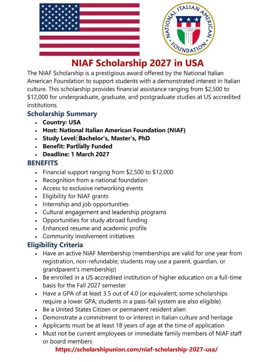 NIAF Scholarship 2027 in USA