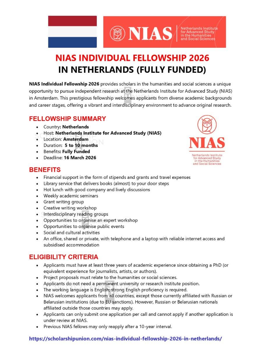 NIAS Individual Fellowship 2026 In Netherlands