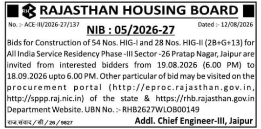 NIB Tender Notification for HIG Residential Towers Construction by Rajasthan Housing Board
