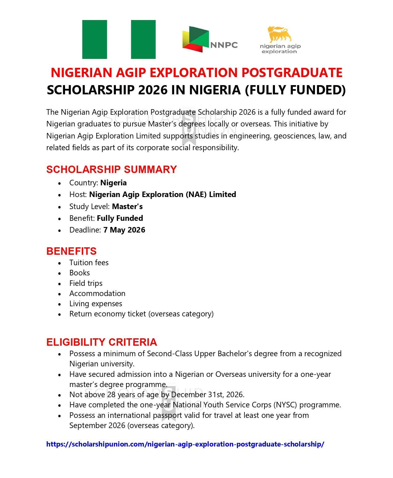 Nigerian AGIP Exploration Postgraduate Scholarship 2026 in Nigeria