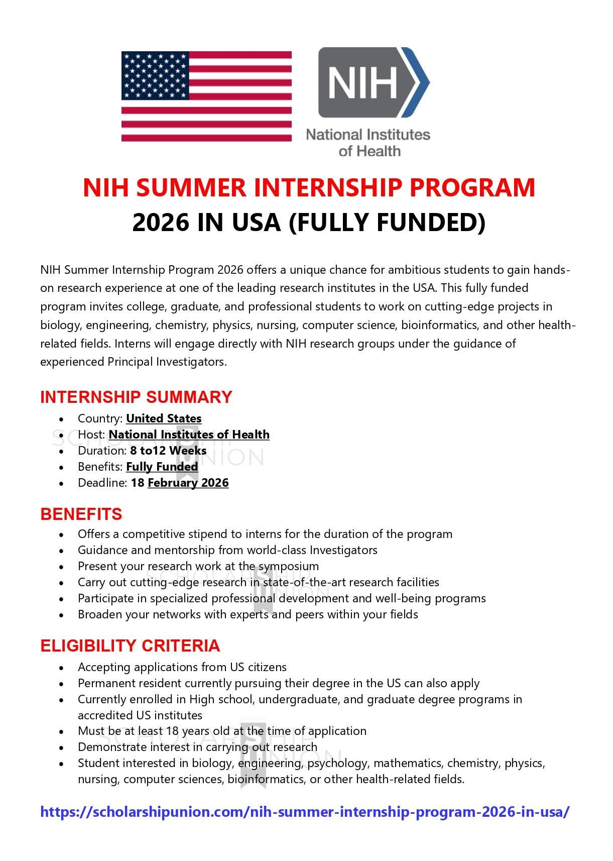NIH Summer Internship Program 2026 in USA
