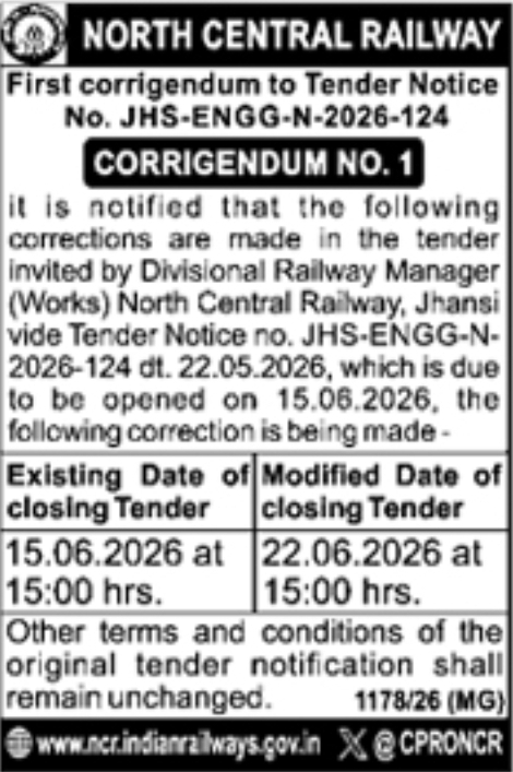 North Central Railway 2026 Jhansi Engineering Tender Corrigendum