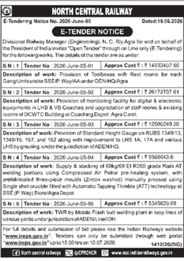 North Central Railway Agra Division Multi-Work E-Tender Notice