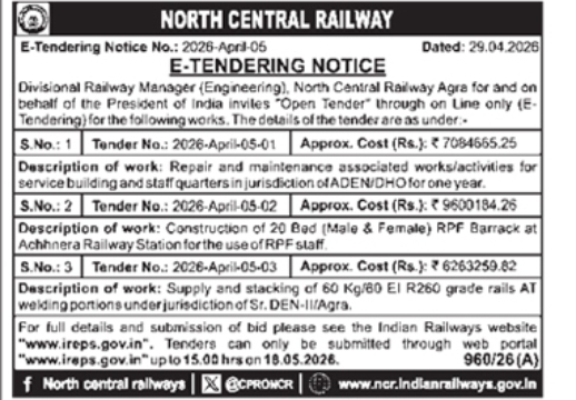 North Central Railway Agra e-Tender: RPF Barracks, Maintenance, and Rail Supply Projects