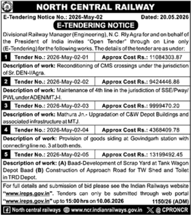 North Central Railway Agra Engineering Tenders