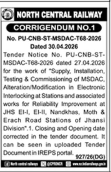 North Central Railway Corrigendum Notice: MSDAC and Interlocking Works