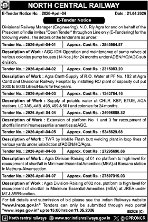 North Central Railway E-Tender Notice: April 2026