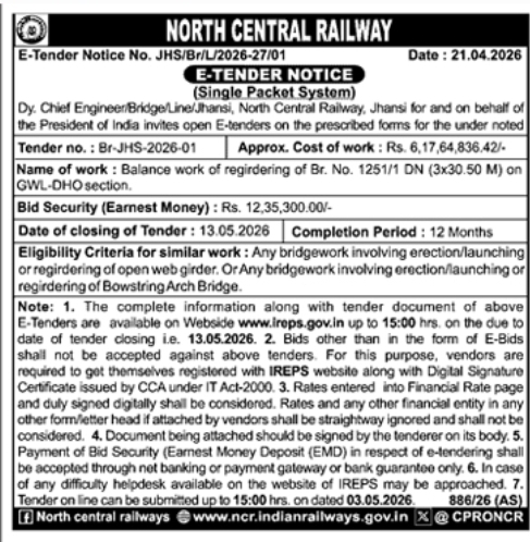 North Central Railway E-Tender Notice: Bridge Regirdering Work