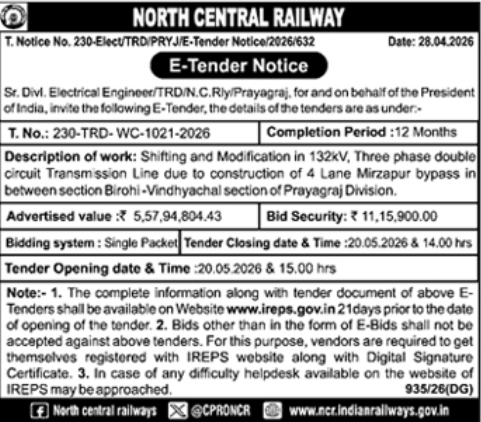 North Central Railway: E-Tender Notice for 132kV Line Shifting