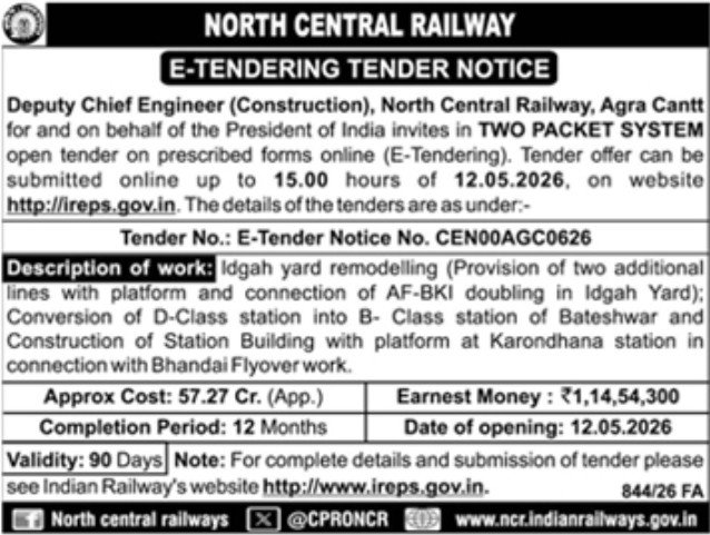 North Central Railway: e-Tender Notice for Agra Division Works