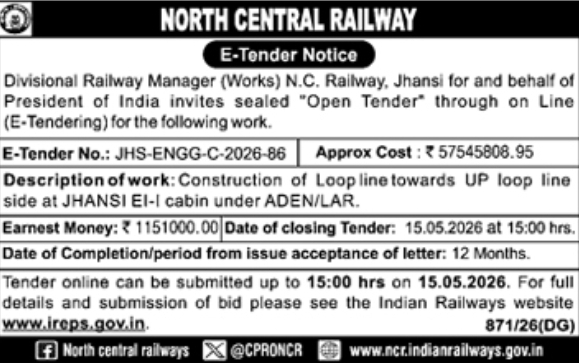 North Central Railway: e-Tender Notice for Loop Line Construction