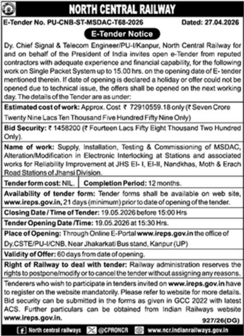 North Central Railway E-Tender Notice for MSDAC Installation & Interlocking Works