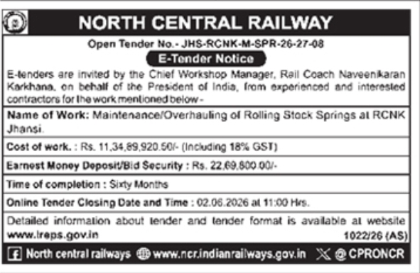North Central Railway E-Tender Notice: Jhansi Project