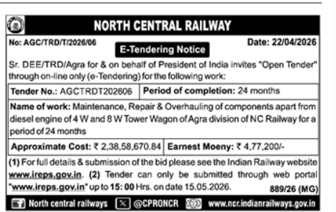 North Central Railway E-Tender Notice: Tower Wagon Maintenance (Agra Division)
