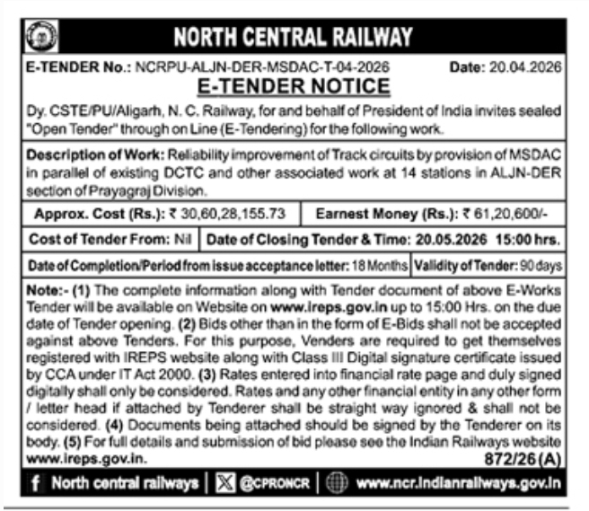 North Central Railway E-Tender: Reliability Improvement of Track Circuits