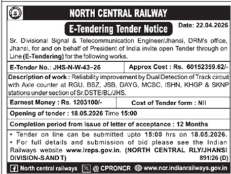 North Central Railway: E-Tendering for Signal & Telecommunication Works (May 2026)