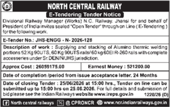 North Central Railway Jhansi Alumno Thermic Welding Portions Supply Tender