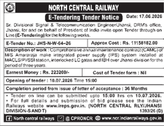 North Central Railway Jhansi Division S&T E-Tender Notice