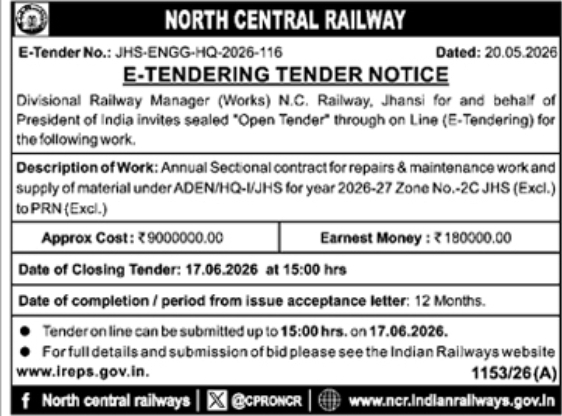 North Central Railway Jhansi Maintenance Tender