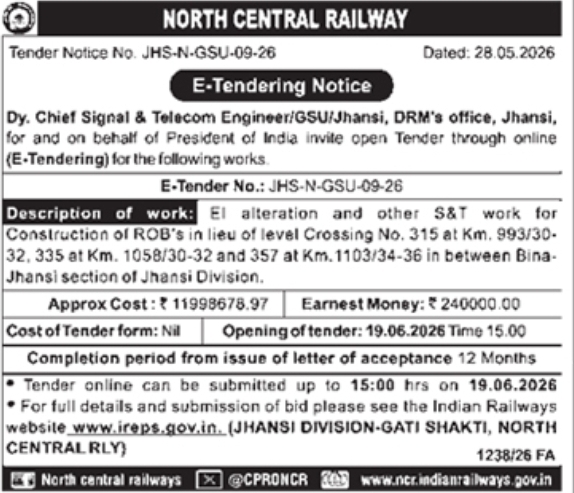 North Central Railway Jhansi ROB S&T Alteration Works Tender