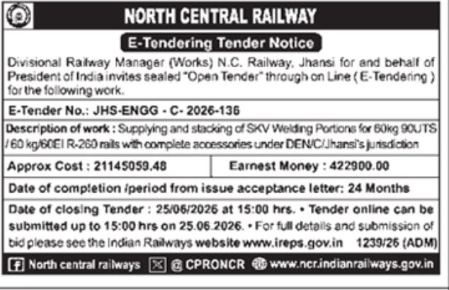 North Central Railway Jhansi SKV Welding Portions Supply Tender