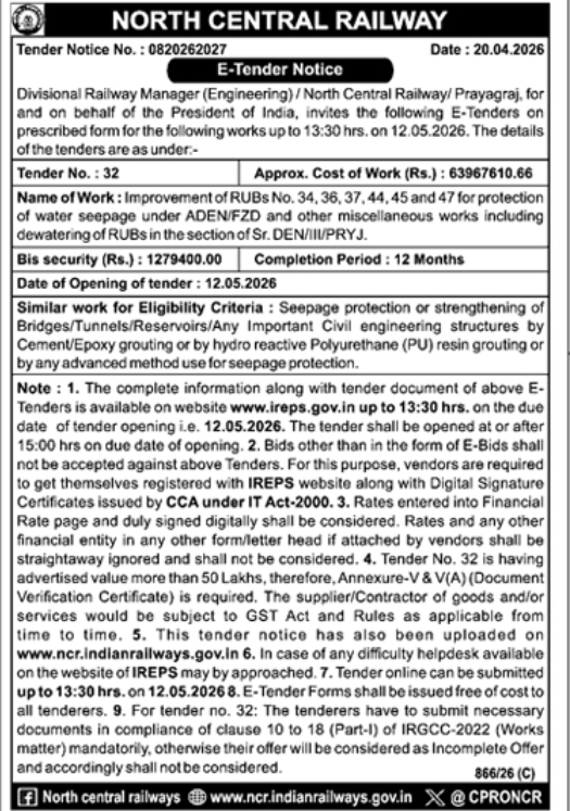 North Central Railway E-Tender Notice: Improvement of RUBs (Prayagraj)