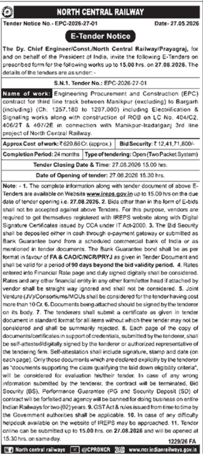 North Central Railway Prayagraj Manikpur-Bargarh Third Line EPC Tender