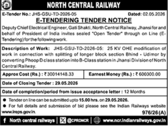 North Central Railway Tender Notice: 25 KV OHE Modification Work
