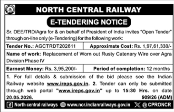 North Central Railway Tender Notice: Catenary Wire Replacement (Agra Division Phase IV)