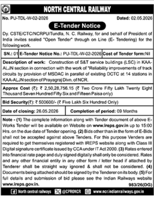 North Central Railway Tender Notice: Construction of S&T Service Buildings