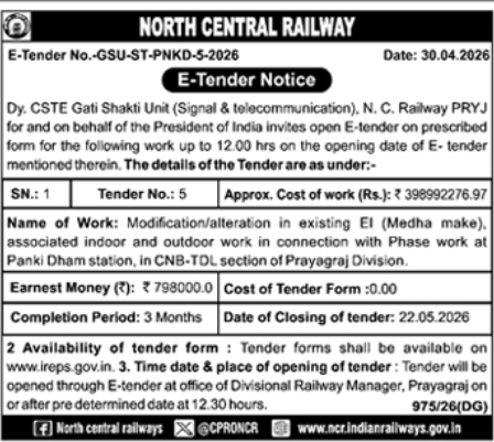 North Central Railway Tender Notice: Electronic Interlocking Modification Work