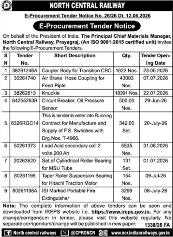 North Central Railway Tender Notices