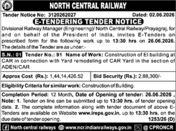 North Central Railway: Yard Remodeling E-Tender 2026