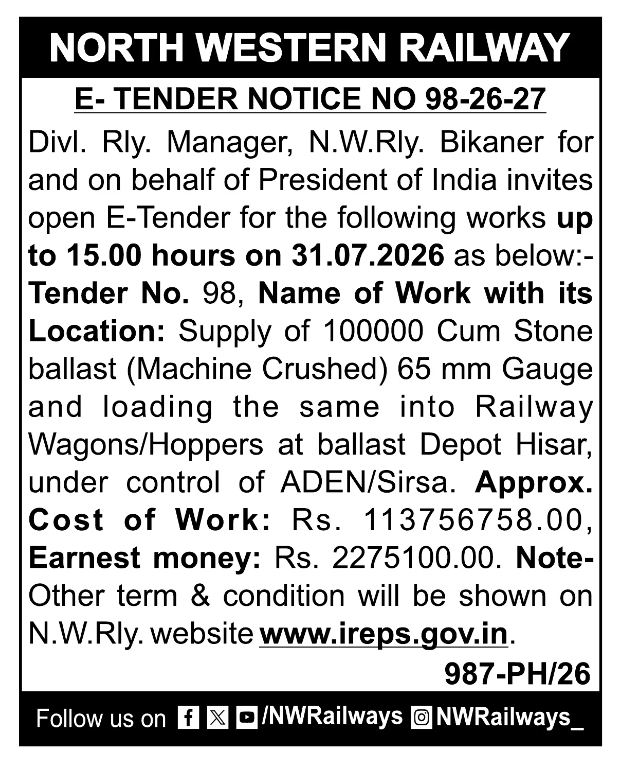 North Western Railway e-Tender: Ballast Supply and Loading at Hisar Depot