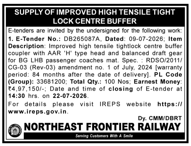 Northeast Frontier Railway e-Tender: High Tensile Tight Lock Centre Buffers