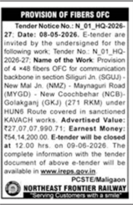 Northeast Frontier Railway Tender Notice: Provision of Fibers OFC