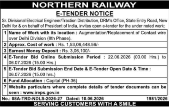 Northern Railway Delhi Division Contact Wire E-Tender Notice