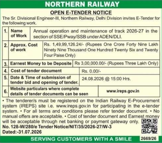 Northern Railway Delhi Division Track Maintenance E-Tender
