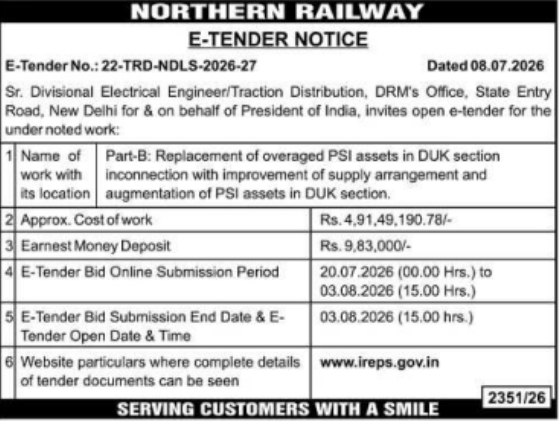 Northern Railway E-Tender Notice: PSI Asset Replacement