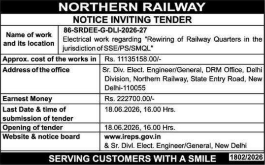 Northern Railway Quarter Rewiring Tender