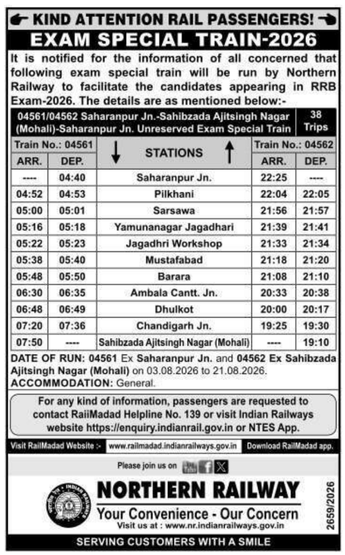 Northern Railway Special Exam Train Announcement for Candidates
