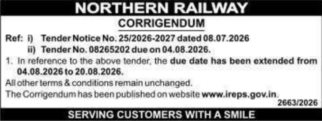 Northern Railway Tender Deadline Extension Corrigendum