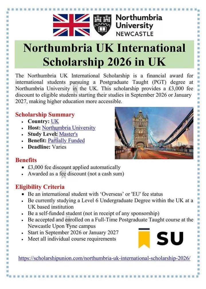 Northumbria UK International Scholarship 2026 in UK