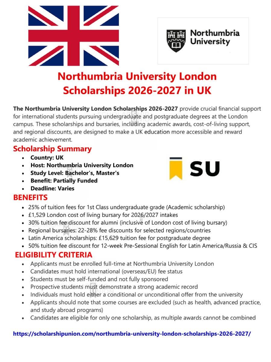 Northumbria University London Scholarships 2026-2027 in UK