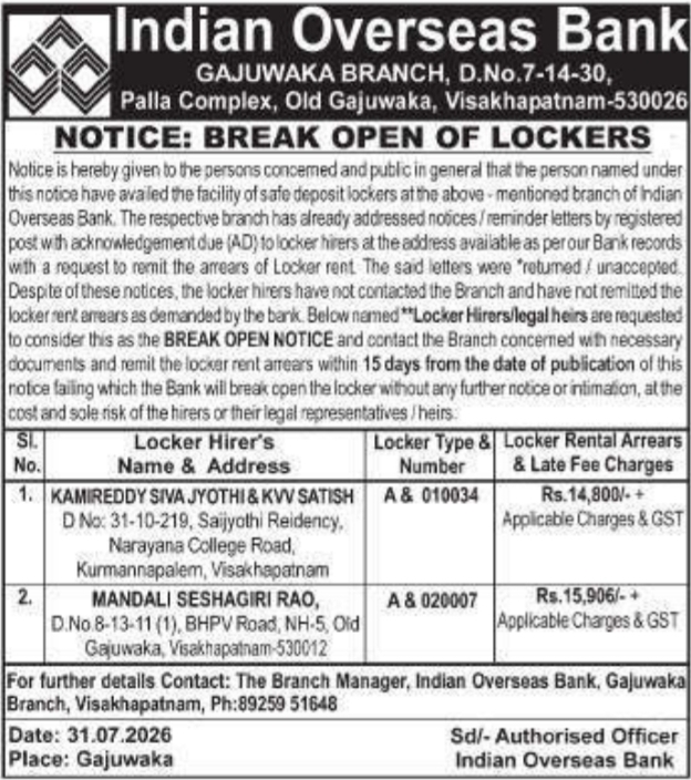Notice for Break Open of Lockers (Indian Overseas Bank)