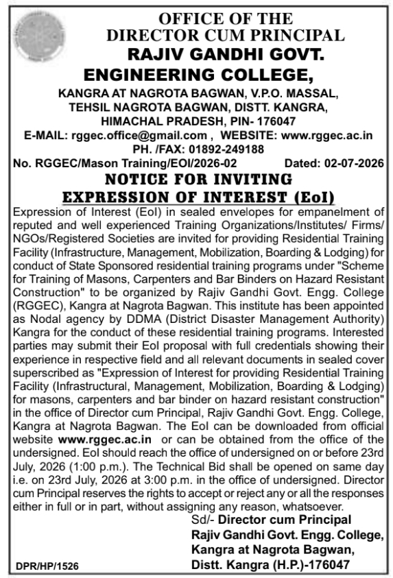 Notice for Inviting EoI: Residential Training Facility for Rajiv Gandhi Govt. Engineering College